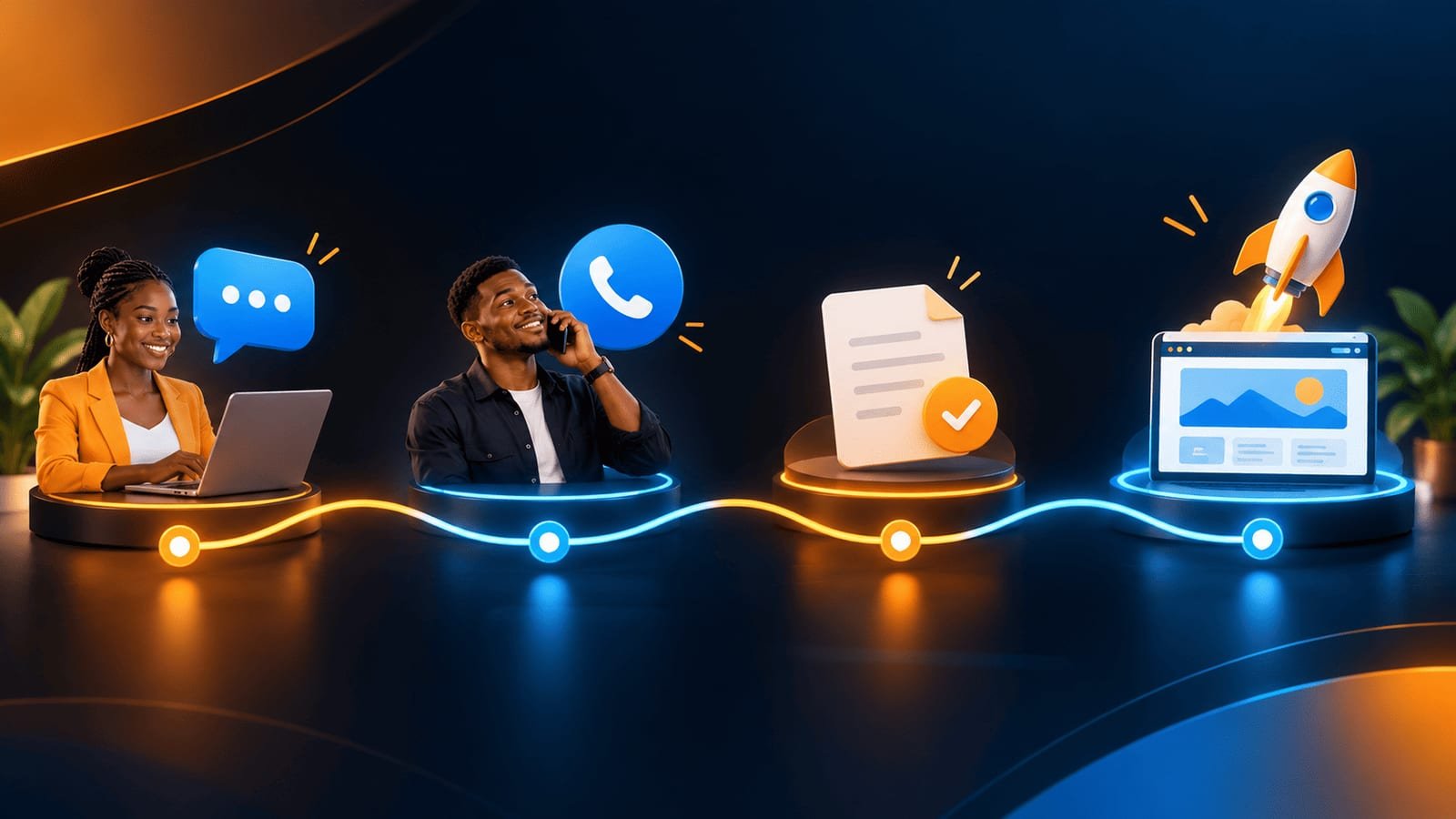 Parcours client Digitorizon : échange, appel, proposition, mise en ligne