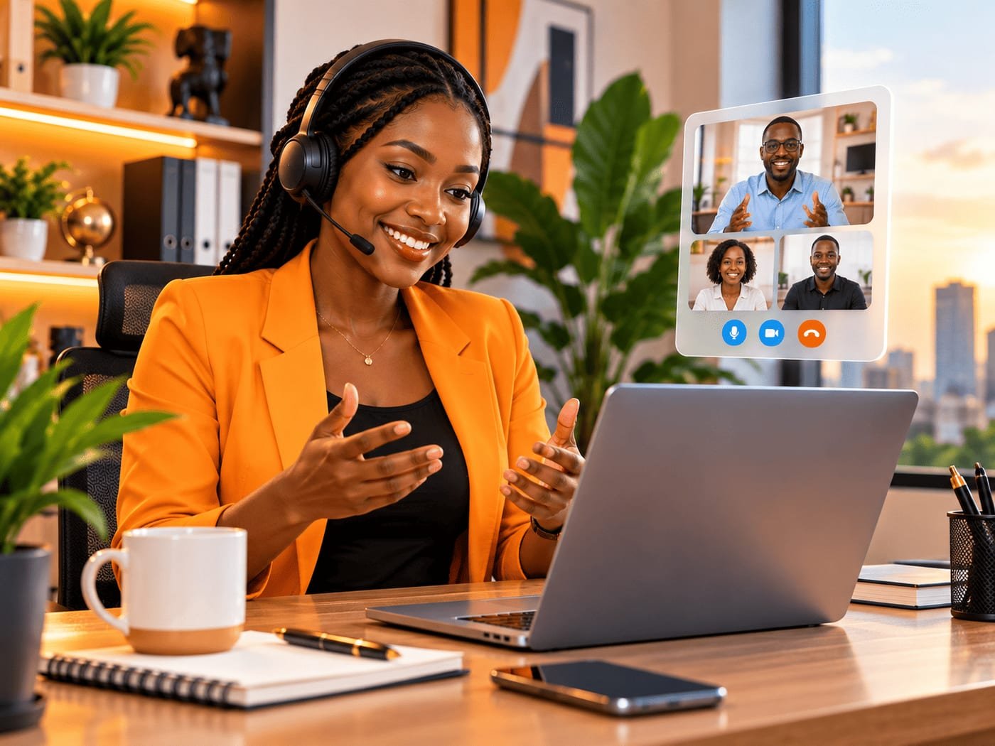 Professionnelle ivoirienne en visioconférence, prête à échanger sur votre projet